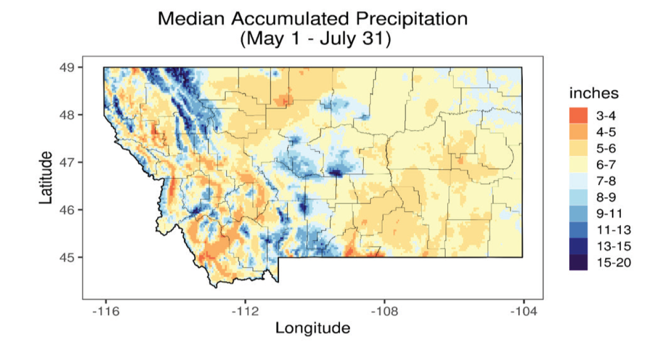 A map of Montana showing the amount of precipitation that is equaled or exceeded in 50 percent of the years, May 1 - July 31 (inches).