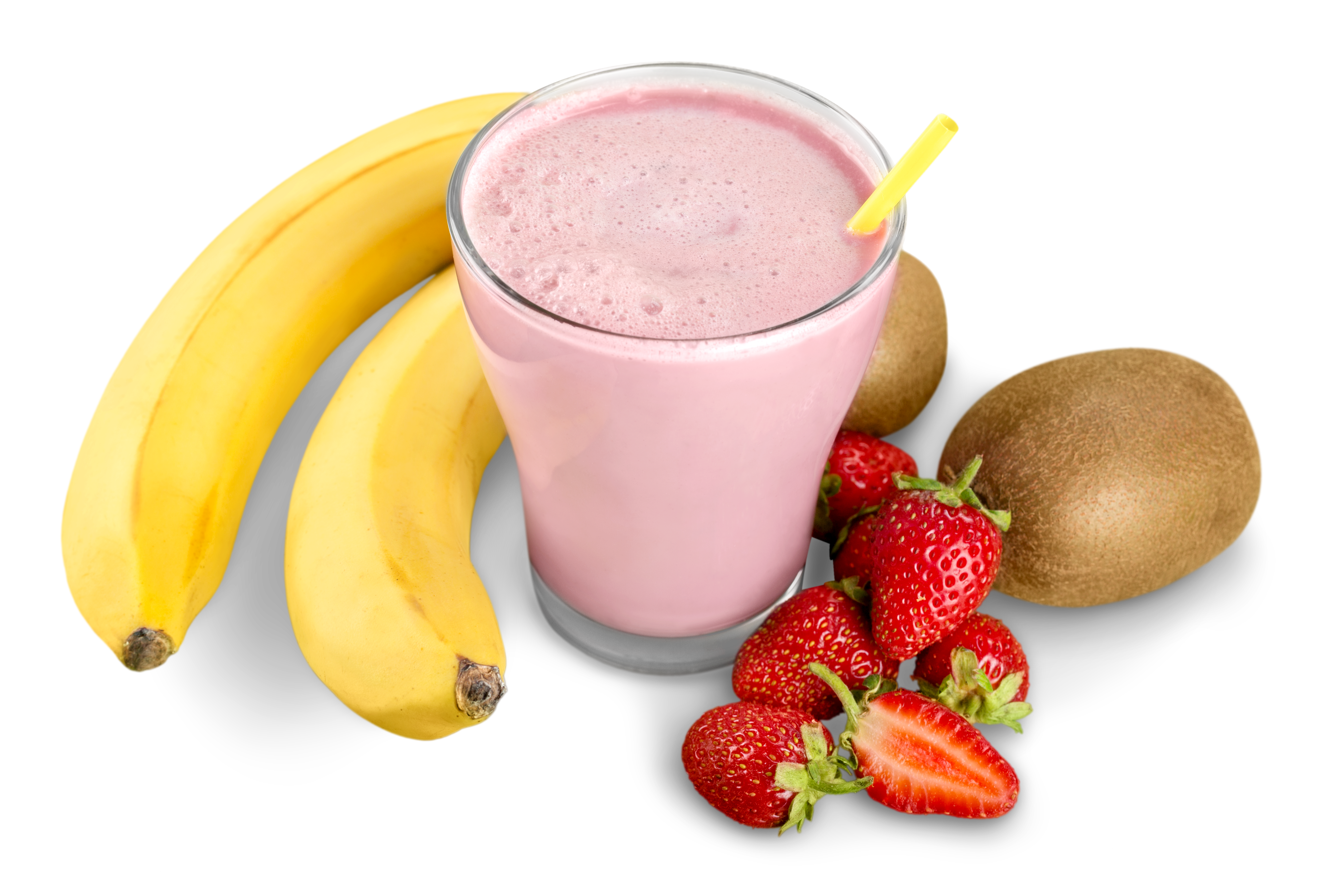 A photo of a pink smoothie surrounded by bananas, strawberries, and kiwi fruit