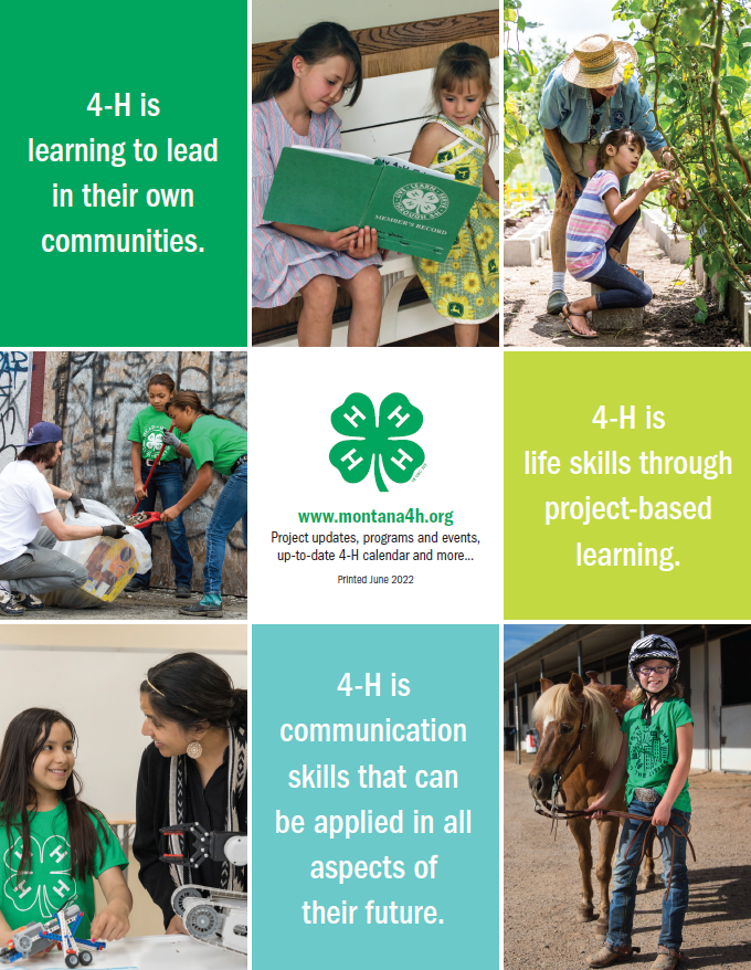 Back cover image of the MT 4-H Clover shows youth engaged in various activities 