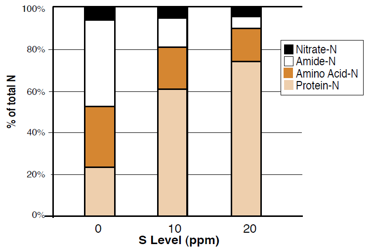 Bar graph demonstrating the effect of levels of sulfur on the distribution of nitrogen in tops of what plants