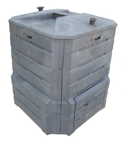 photo of gray square compost bin on white background