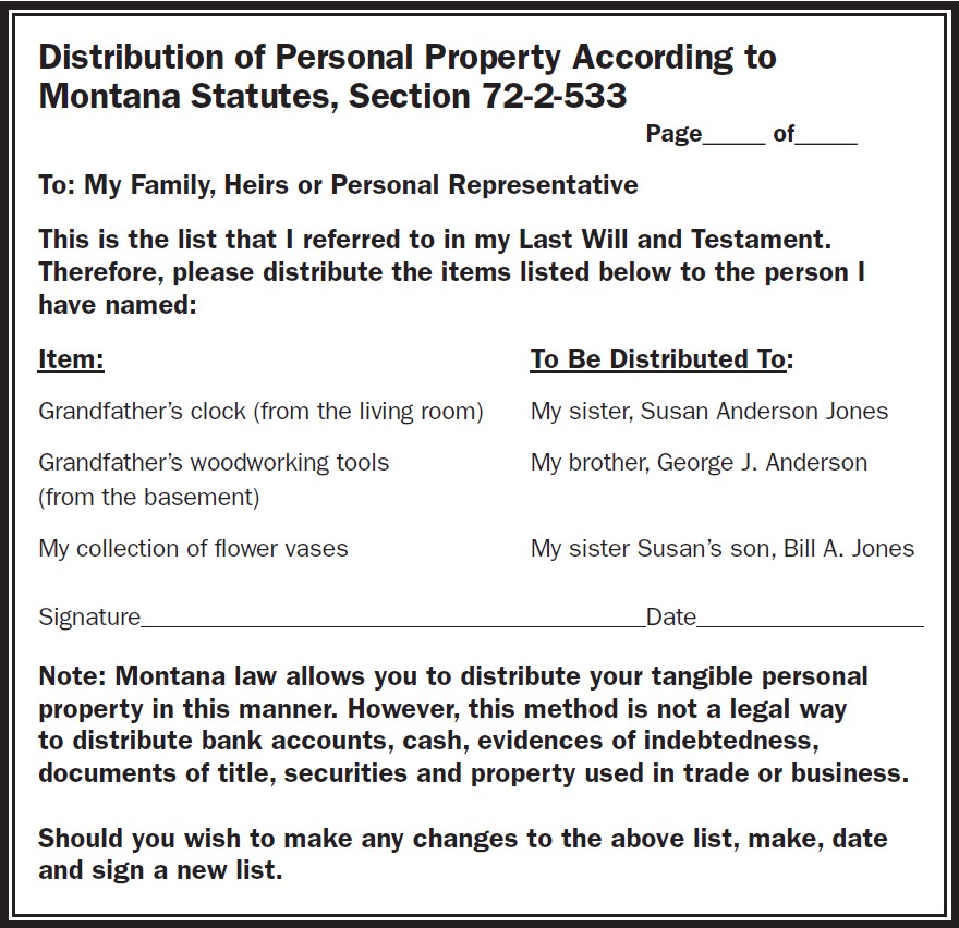 Sample form of Distribution of Personal Property  According to Montana Statutes, Section 72-2-533
