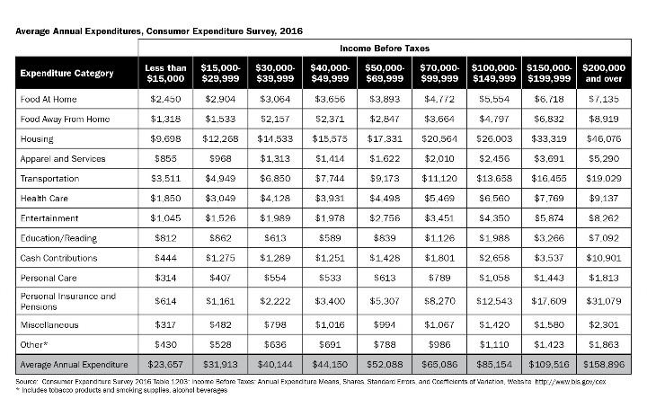 Average annual expenditures, 2016 consumer expenditure survey. Columns for Expenditure category and Income before taxes.