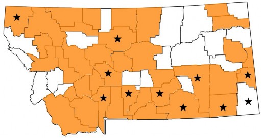 Map of Montana with counties where poison hemlock has been reported in orange.