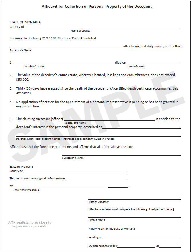 A sample form of Montana Affidavit for Collection of Personal Property of the Decedent