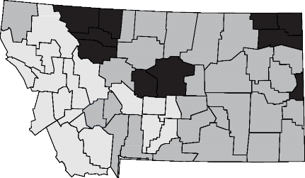 Map of Montana showing counties with prominent, minor, or no persian darnel infestations.