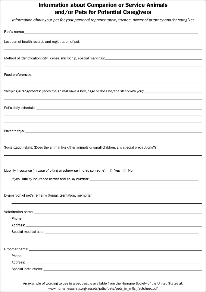 Sample form of Information about Companion or Service Animals and/or Pets for Potential Caregivers