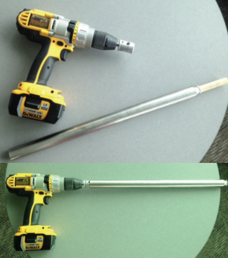 A typical mechanized hay probe setup shows a drill, a probe, and a dowel assembled and unassembled 