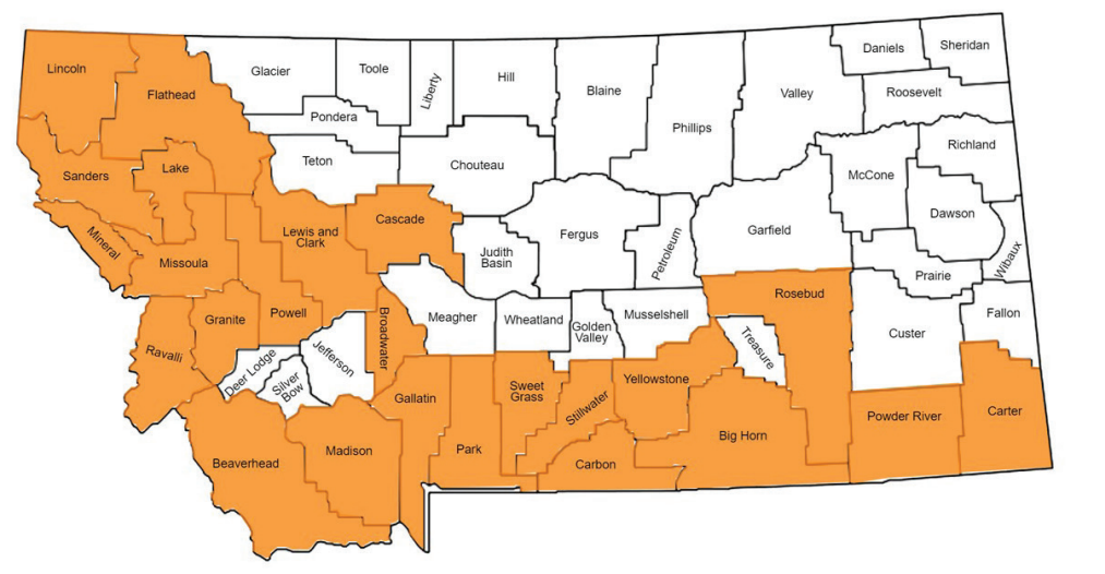 A map of Montana with counties where ventenata has been reported colored orange.