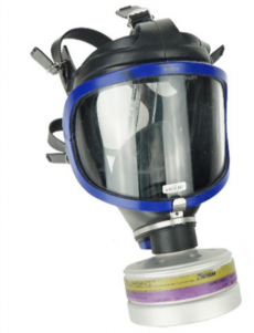 Full face respirator with gas cartridge. Photo by MSU Extension.