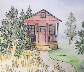 A hand-drawn color sketch of a house in the WUI. The left side of the house is overgrown with trees brushing up against the sides of the house, while the right side has nicely thinned and spaced trees and landscaping.