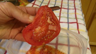 Squeeze seedy pulp from flesh fruits like tomatoes into a container, adding a little water.