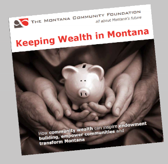 A Montana Community Foundation advertisement with multiple hands holding a piggy bank