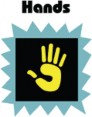 A cartoon hand print in a square with spikes