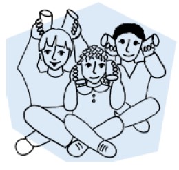 A cartoon image of three children with using paper cups as animal ears