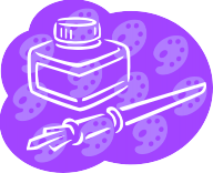 A cartoon image of an ink jar and a pen with a purple background