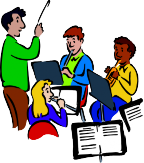 A cartoon image of four people in a band