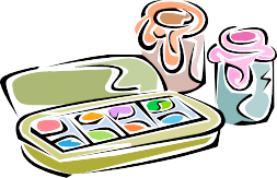 A cartoon image of two paint jars and a paint pallette