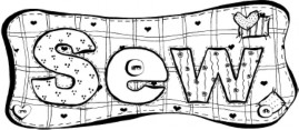 A cartoon image of a sewn quilt that reads 