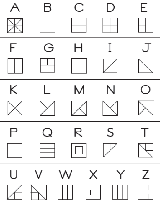 A page showing a type of quilt square associated with each letter of the alphabet