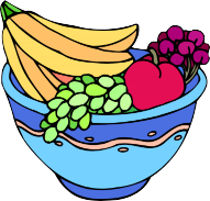 A cartoon image of a bowl of fruit with bananas, red and green grapes, and an apple