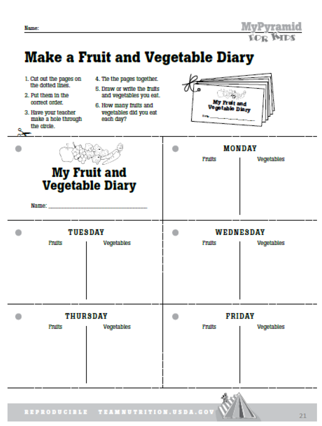 A sample fruit and vegetable diary