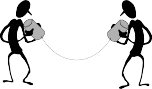 Two cartoon stick figures talking through a string telephone