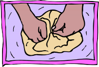 A cartoon image of hands kneading dough with a purple background