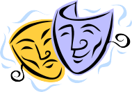 A cartoon image of a smiling mask and an angry mask