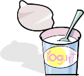 A cartoon image of a tub of yogurt with a spoon in it