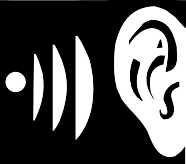 A  black and white cartoon image of sound waves entering an ear