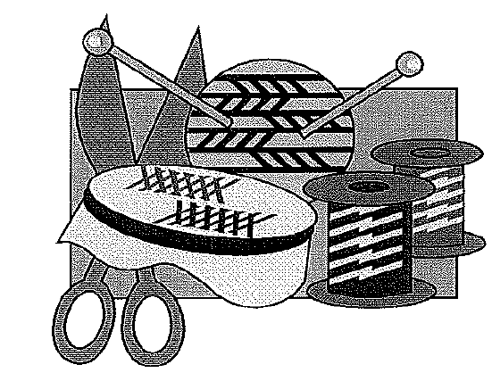 Black and white clip art of sewing needles, thread, and scissors