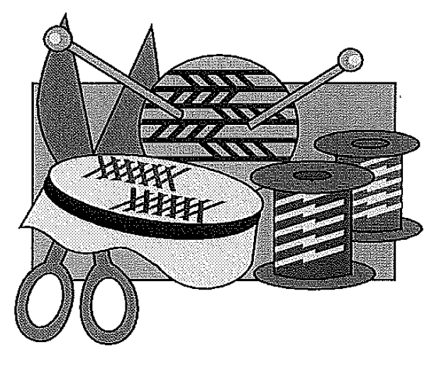 Black and white clip art of sewing needles, thread, and scissors