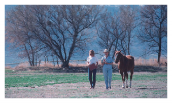 Two women walking with a horse in a field