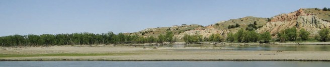 A panoramic shot of a wide river area