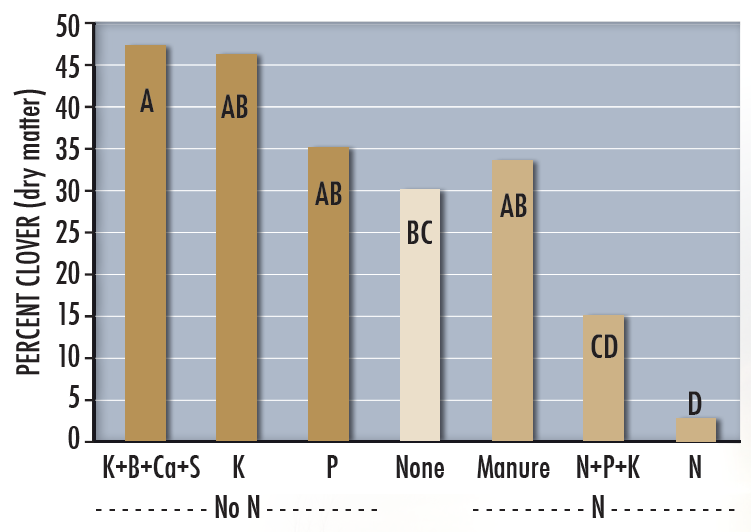 Bar graph demonstrating that clover biomass in a mixed stand was highest without N and lowest with 3 years of N fertilizer
