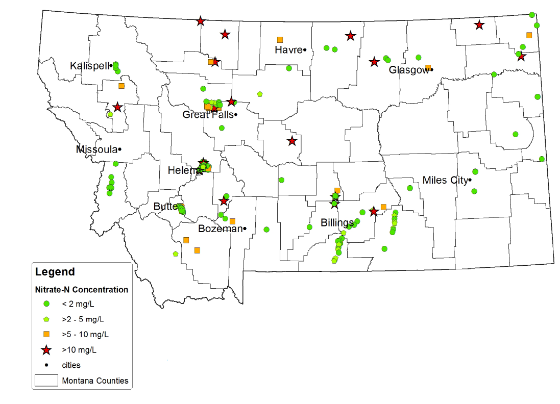 Map of Montana showing nitrate-N concentrations in wells sampled at least annually from 2012-2017