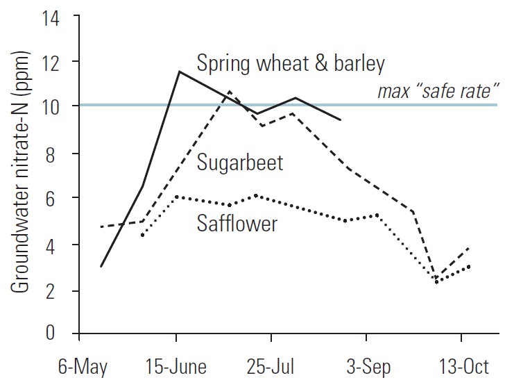 Line graph demonstrating six-year average groundwater nitrate-N under spring wheat/barley, sugarbeet and safflower during the growing season
