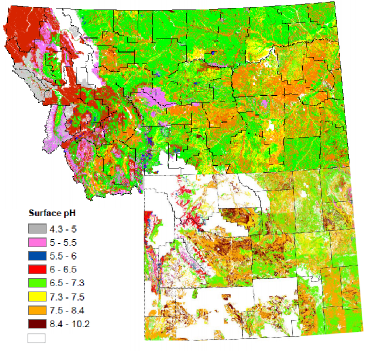 A map of soil surface horizon pH in Montana and Wyoming. 