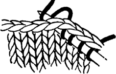 Hold the needle and yarn in your right hand in the regular way. Work from right to left. Insert the needle into the first row in from the edge and knit stitches onto the right-hand needle.