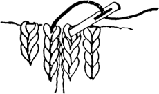 Insert the needle into the back side of the first stitch on the right-hand side and bring the needle up to the right side of work through the first stitch on the left edge.