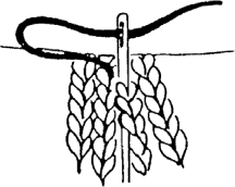 Insert the needle in the center of the stitch on the corresponding row of the left edge, pass under two rows as before, and draw the yarn through to the right side. Continue to work in this manner from side to side, matching rows.